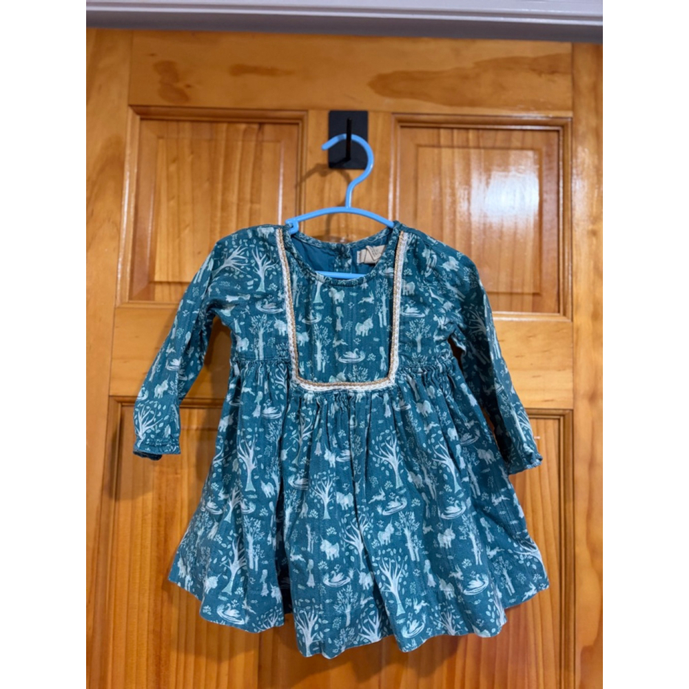 Peek Baby Girl Teal Woodland Animal Print Long Sleeve Dress 6–12M Organic Cotton